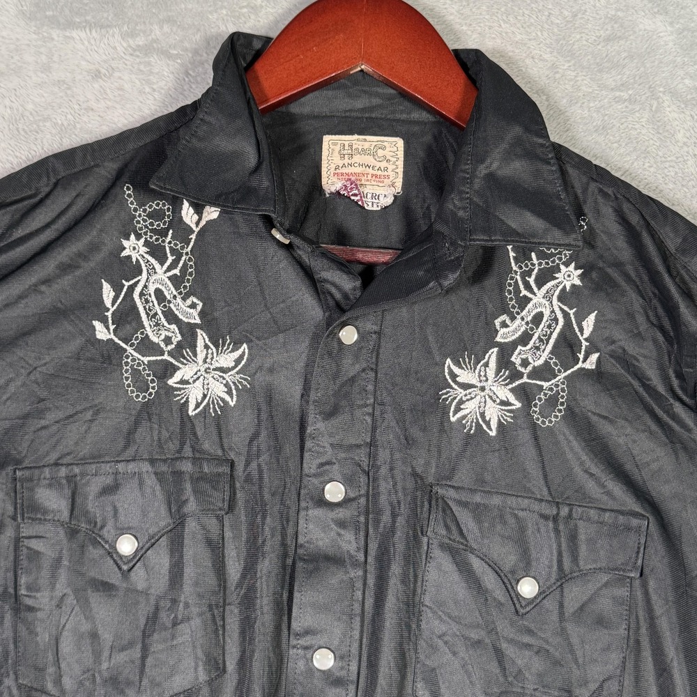 Vintage H Bar C Ranchwear Shirt Mens M Black Western Pearl Snap Floral